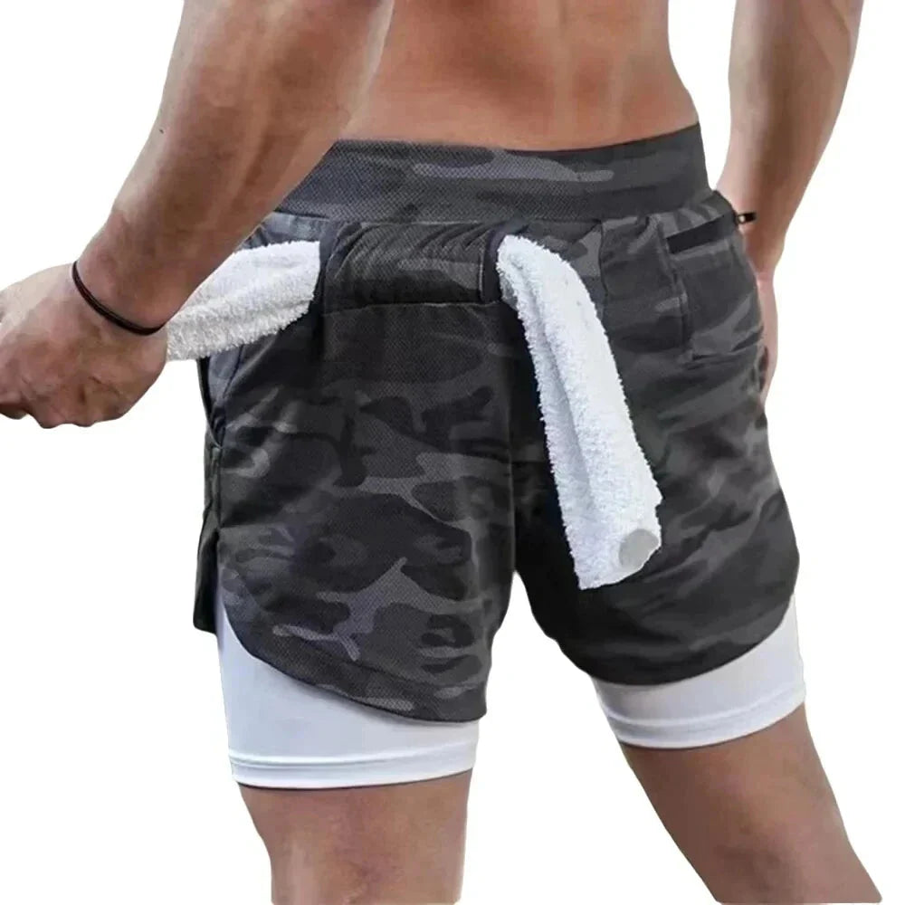 Men’s 2-in-1 Camo Running Shorts — Quick-Dry Gym Fitness Training Shorts with Inner Compression Layer for Summer Workouts