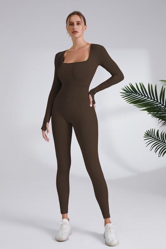 Blaire Sport Serenity Square Neck Ribbed Long Sleeve Gym Jumpsuit